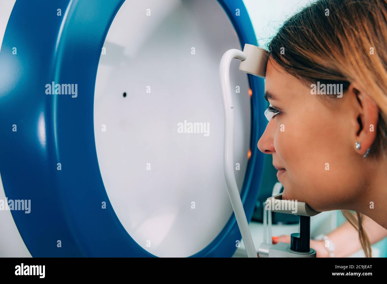 Ophthalmology. Visual field testing. Automatic computer perimeter. Stock Photo