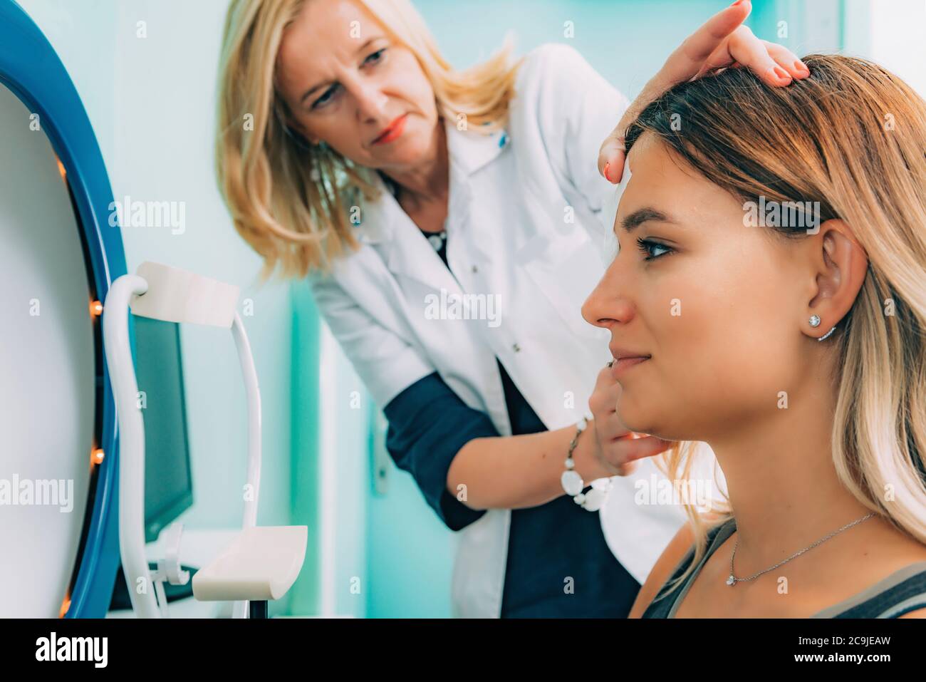 Ophthalmology. Visual field testing. Automatic computer perimeter. Stock Photo
