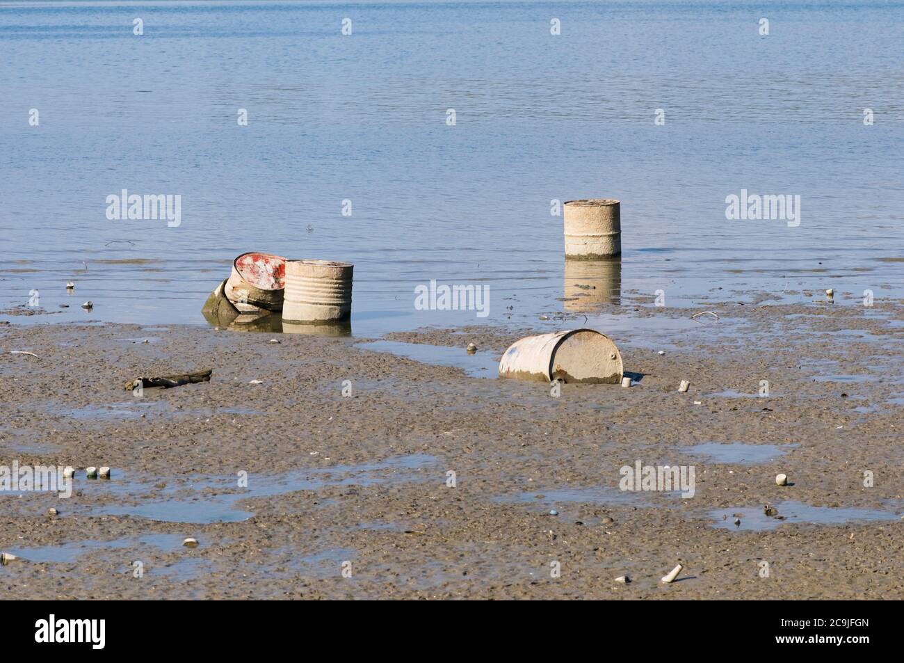 Water pollution. discarded oil drums. Stock Photo
