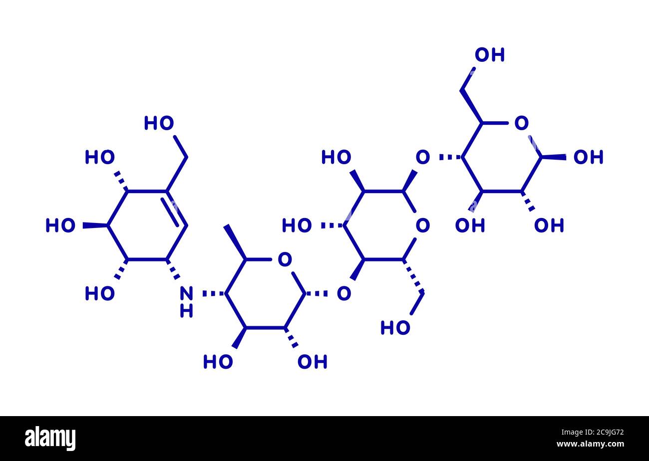 Acarbose diabetes drug molecule. Blocks carbohydrate digestion by ...