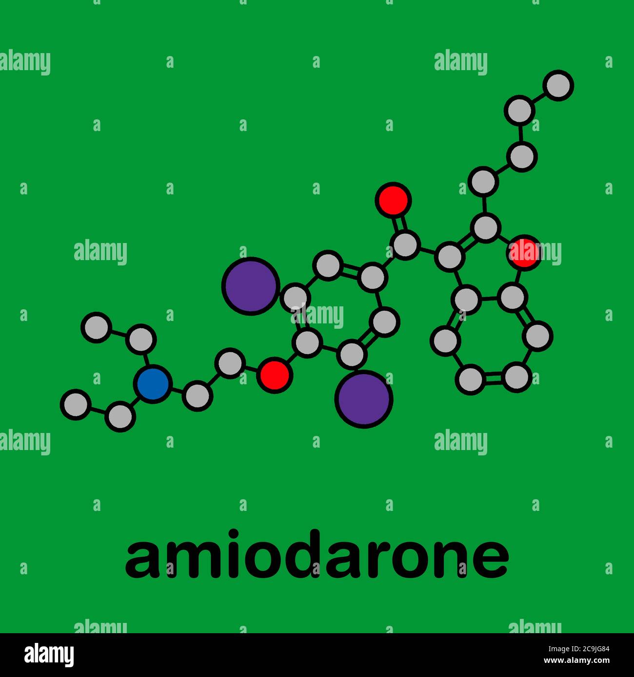 Amiodarone antiarrhythmic drug molecule. Stylized skeletal formula (chemical structure). Atoms are shown as color-coded circles with thick black outli Stock Photo