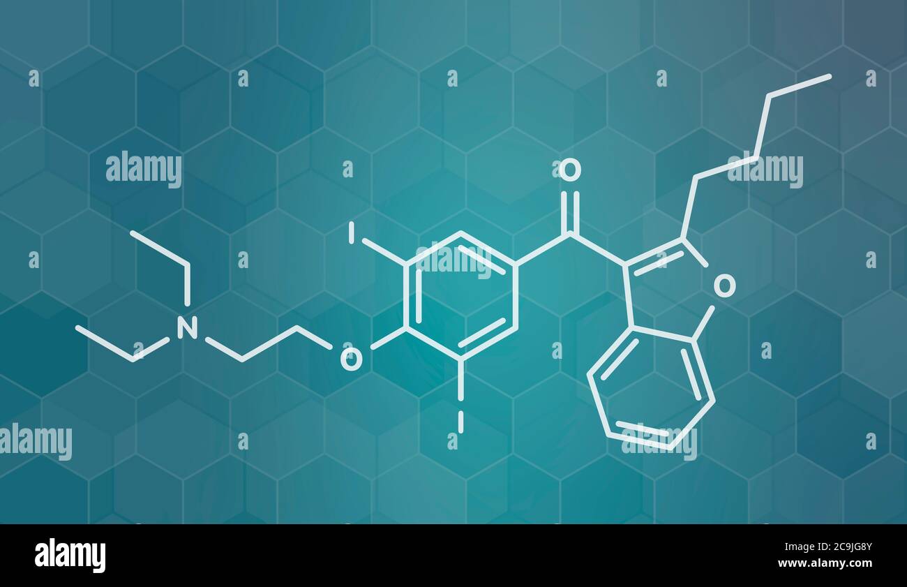 Amiodarone antiarrhythmic drug molecule. White skeletal formula on dark teal gradient background with hexagonal pattern. Stock Photo