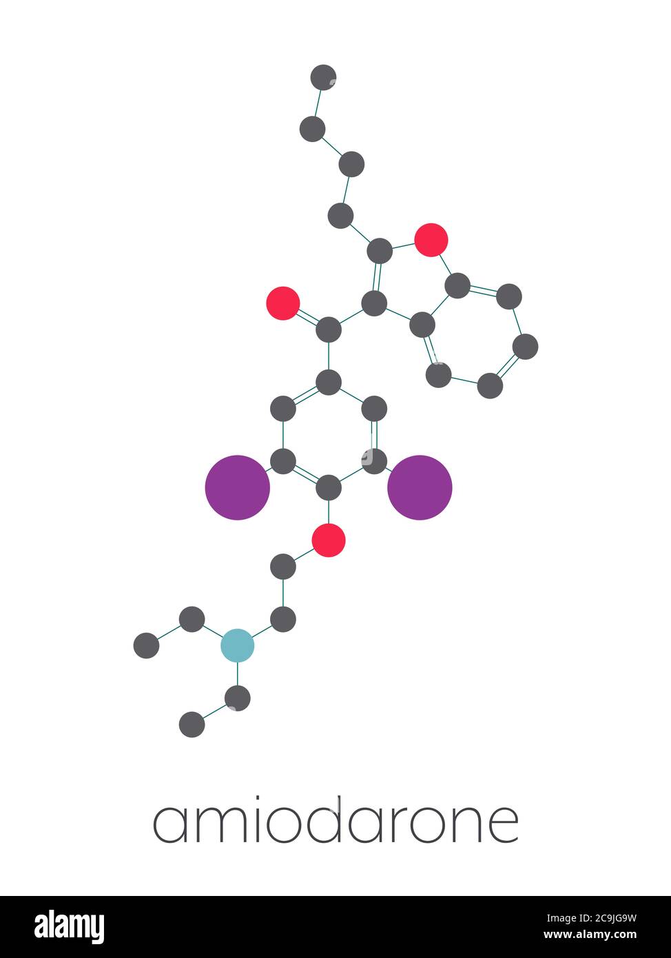 Amiodarone antiarrhythmic drug molecule. Stylized skeletal formula (chemical structure). Atoms are shown as color-coded circles connected by thin bond Stock Photo