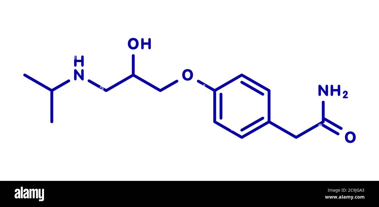 Atenolol hypertension or high blood pressure drug (beta blocker) molecule. Blue skeletal formula on white background. Stock Photo