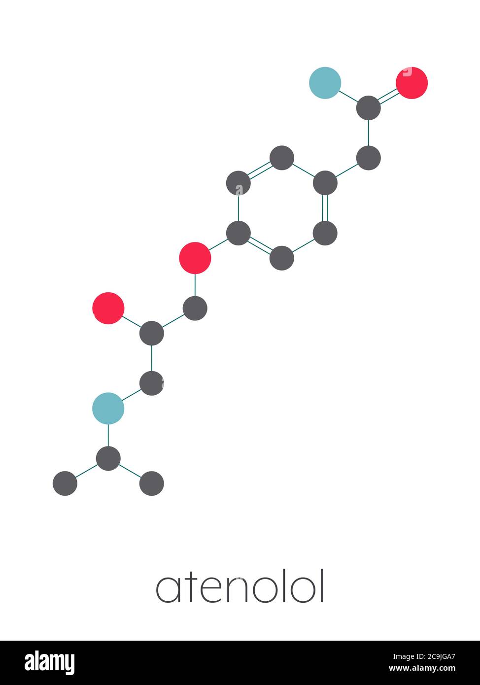 Atenolol hypertension or high blood pressure drug (beta blocker) molecule. Stylized skeletal formula (chemical structure). Atoms are shown as color-co Stock Photo