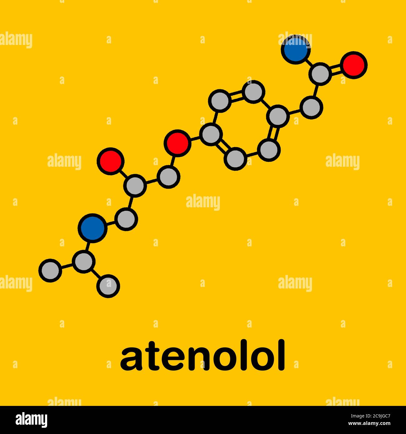 Atenolol hypertension or high blood pressure drug (beta blocker) molecule. Stylized skeletal formula (chemical structure). Atoms are shown as color-co Stock Photo