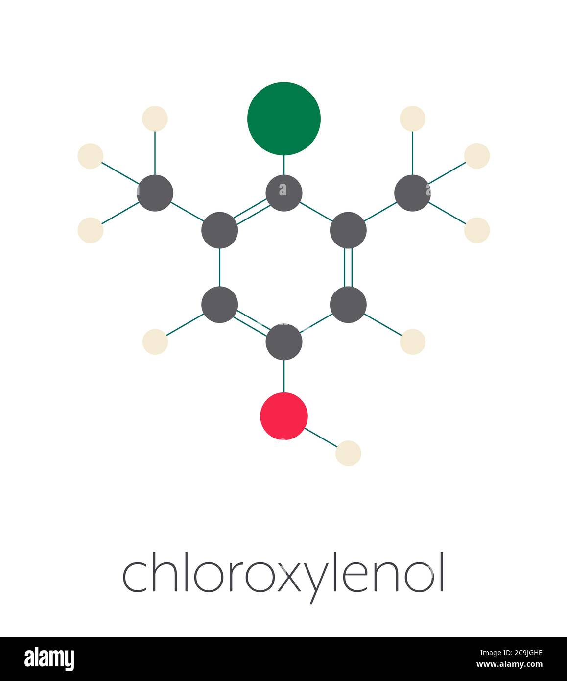 Chloroxylenol antiseptic molecule. Disinfectant used against bacteria, algae, fungi and viruses. Stylized skeletal formula (chemical structure). Atoms Stock Photo