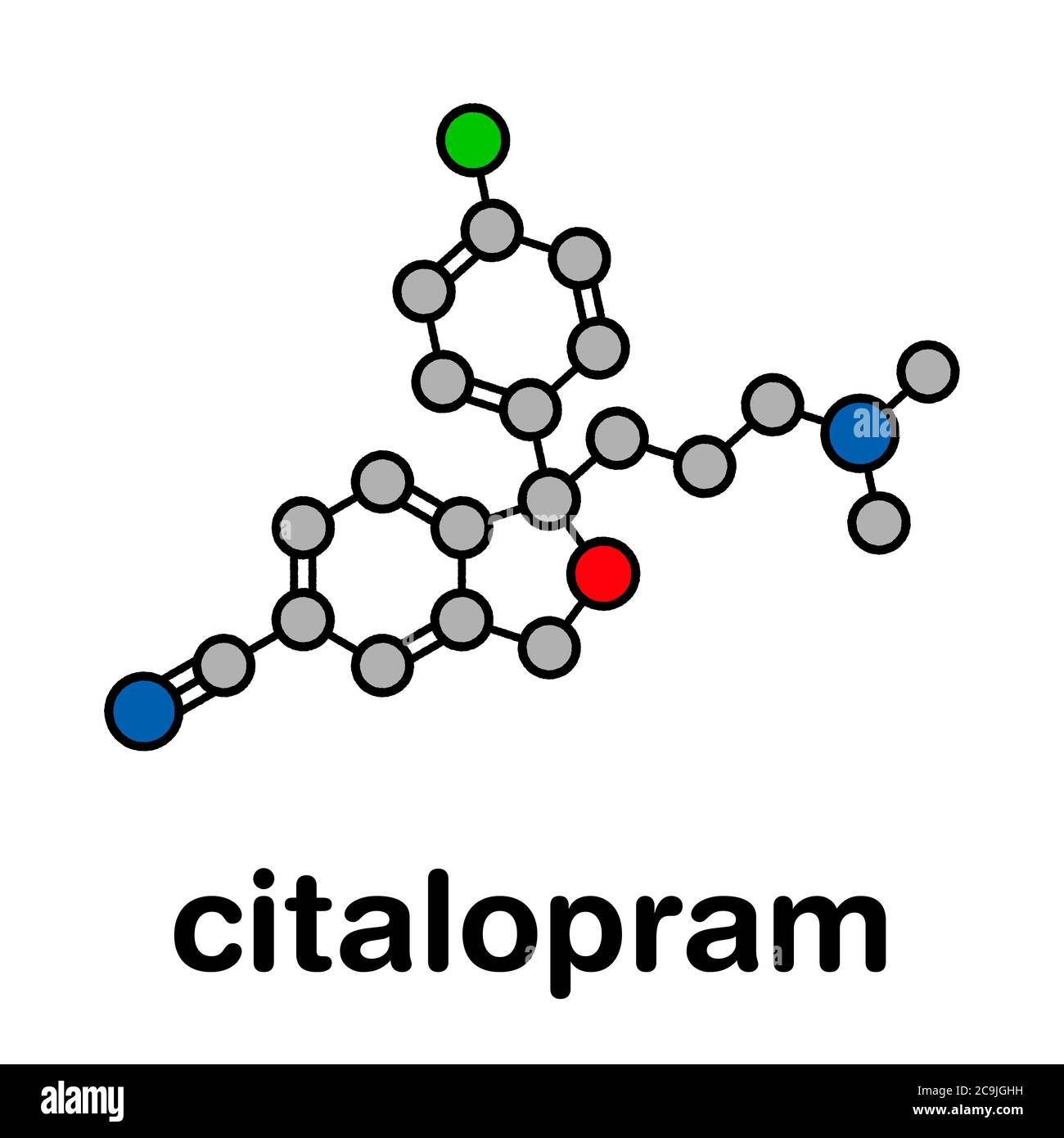 Citalopram antidepressant drug molecule. Stylized skeletal formula