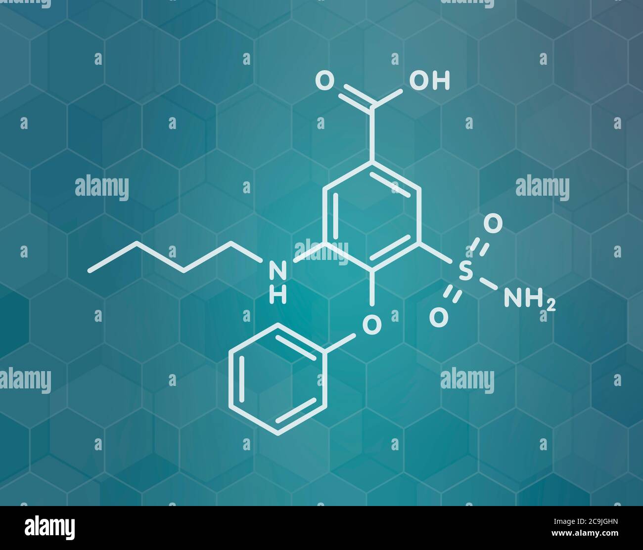 Bumetanide heart failure drug molecule. Loop diuretic, also used for