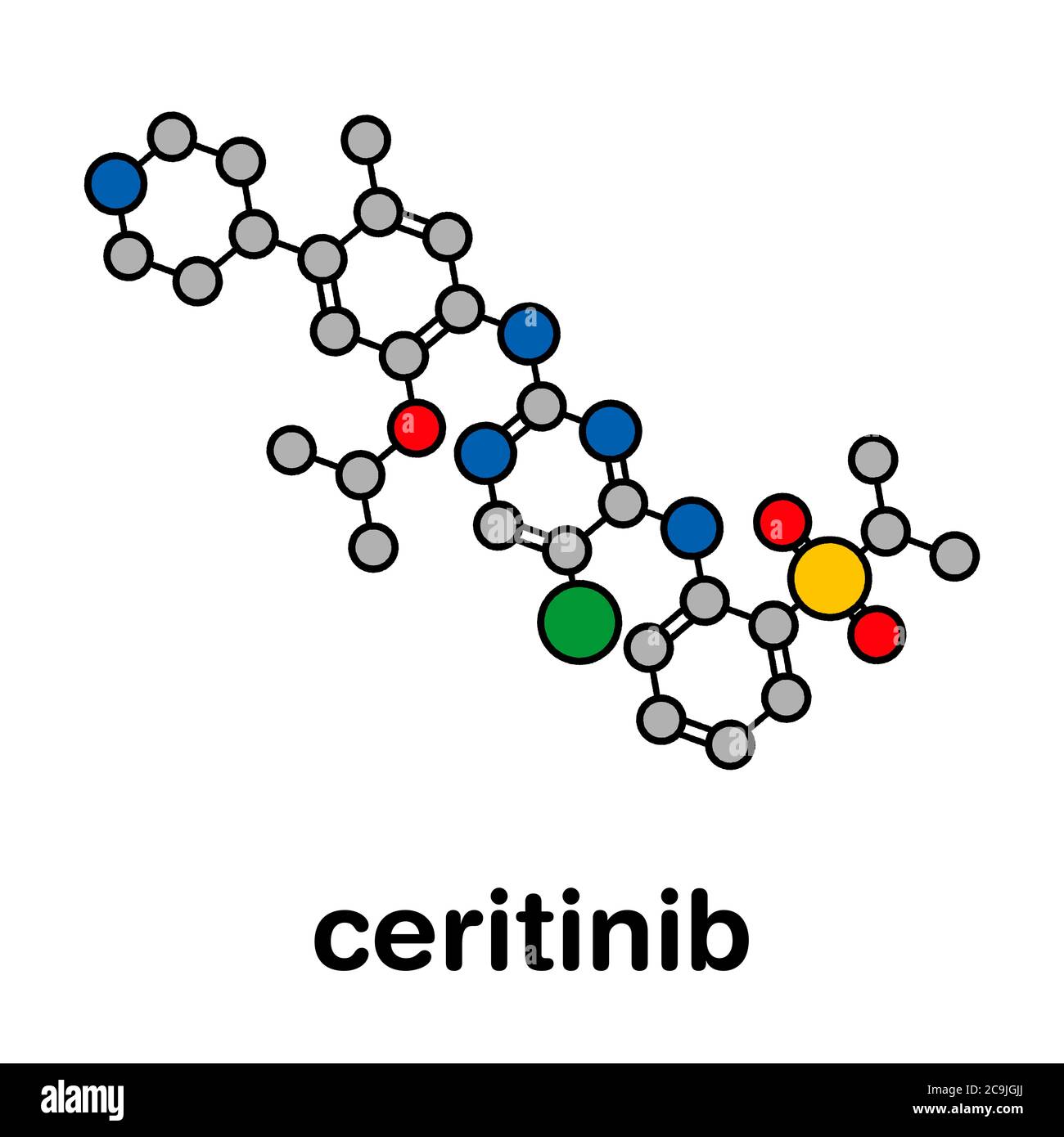 Ceritinib cancer drug molecule. ALK inhibitor used in treatment of metastatic non-small cell lung cancer. Stylized skeletal formula (chemical structur Stock Photo