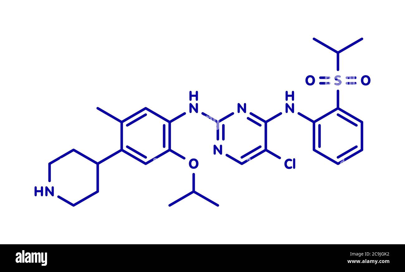 Ceritinib cancer drug molecule. ALK inhibitor used in treatment of metastatic non-small cell lung cancer. Blue skeletal formula on white background. Stock Photo