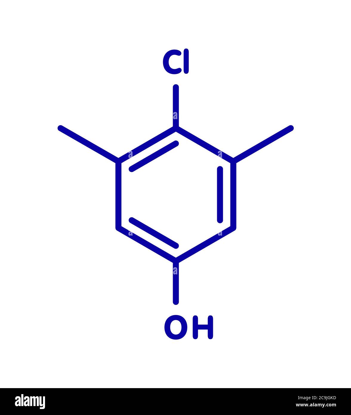 Chloroxylenol antiseptic molecule. Disinfectant used against bacteria, algae, fungi and viruses. Blue skeletal formula on white background. Stock Photo