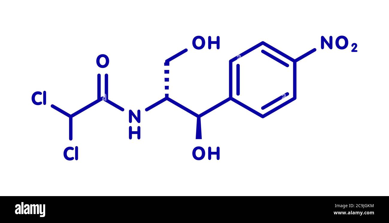 Chloramphenicol antibiotic drug molecule. Blue skeletal formula on
