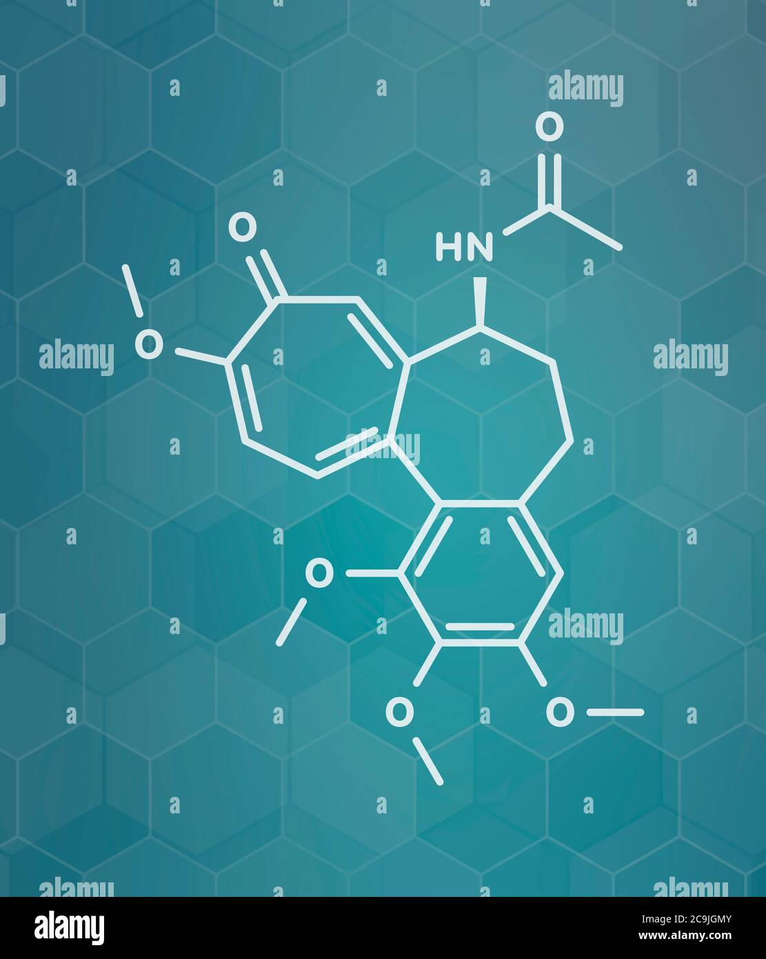 Colchicine gout drug molecule. White skeletal formula on dark teal gradient background with hexagonal pattern. Stock Photo