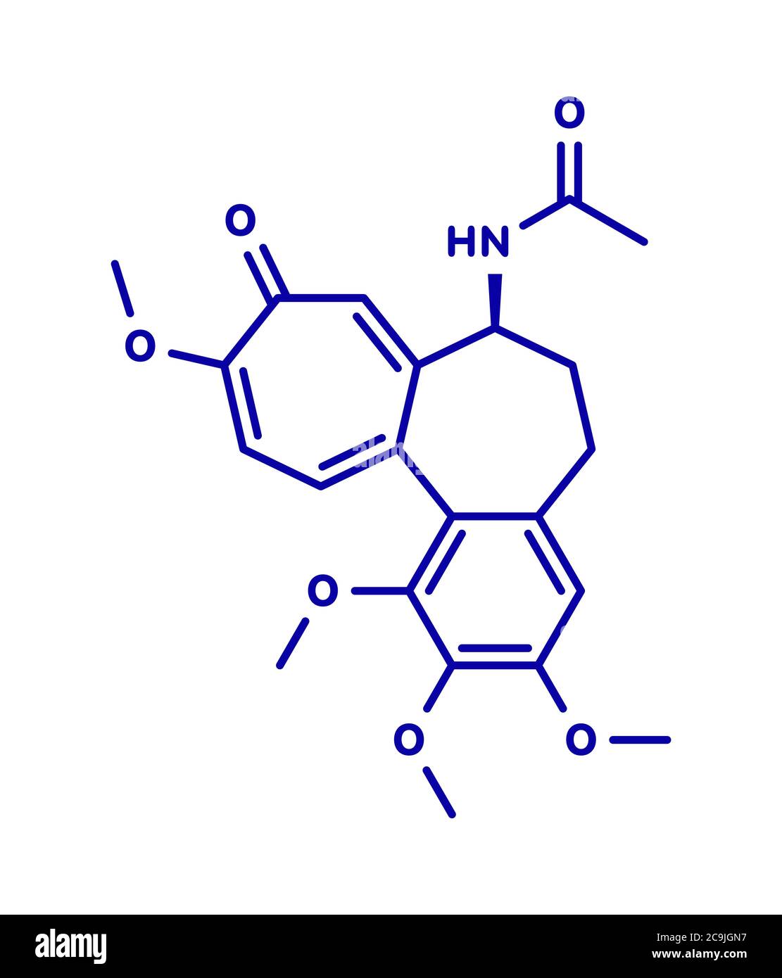 Colchicine gout drug molecule. Blue skeletal formula on white background. Stock Photo