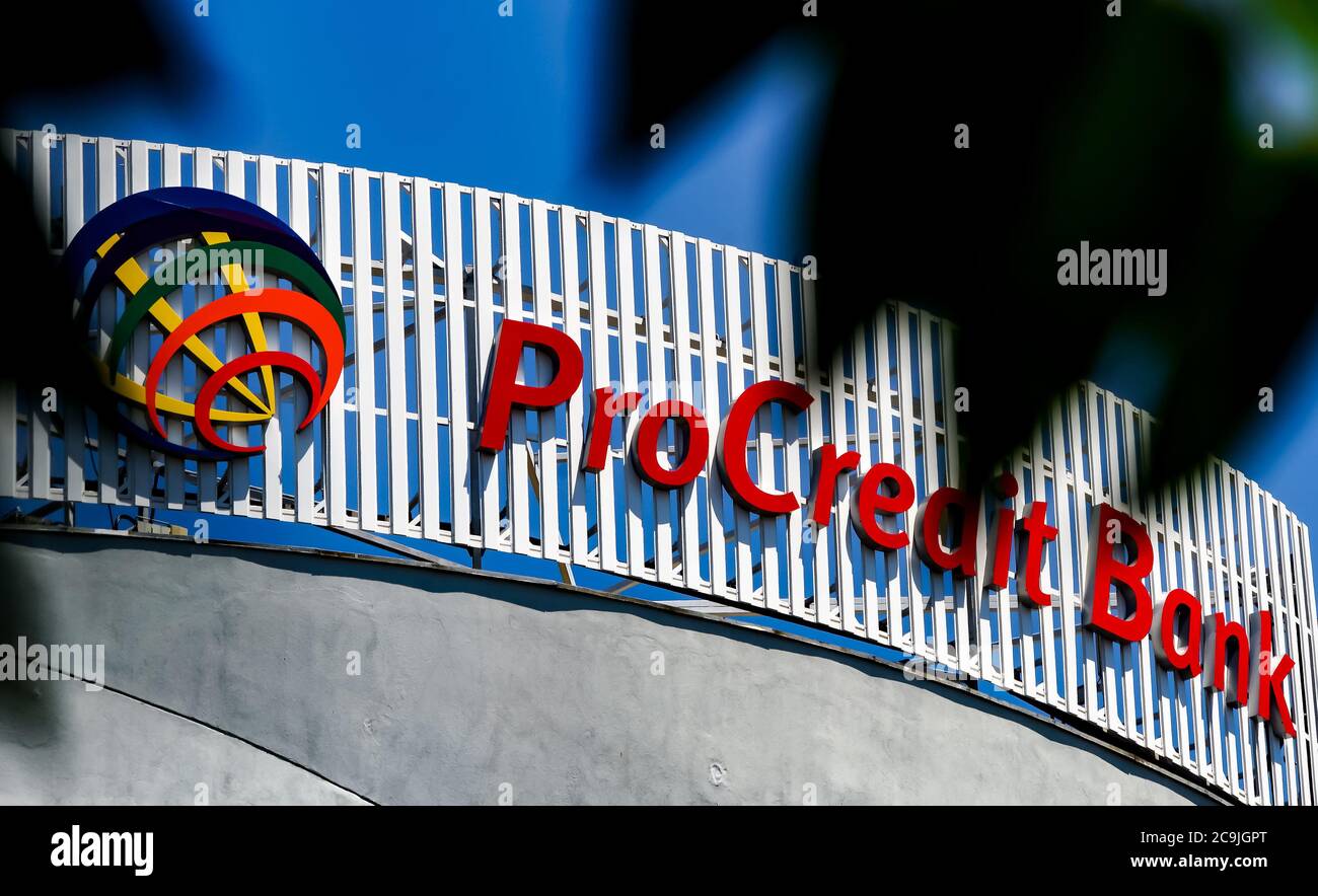 Bucharest, Romania -  June 28, 2020: A logo of the Romanian bank ProCredit Bank, former Miro Bank, is displayed on the top of a building, in Bucharest Stock Photo