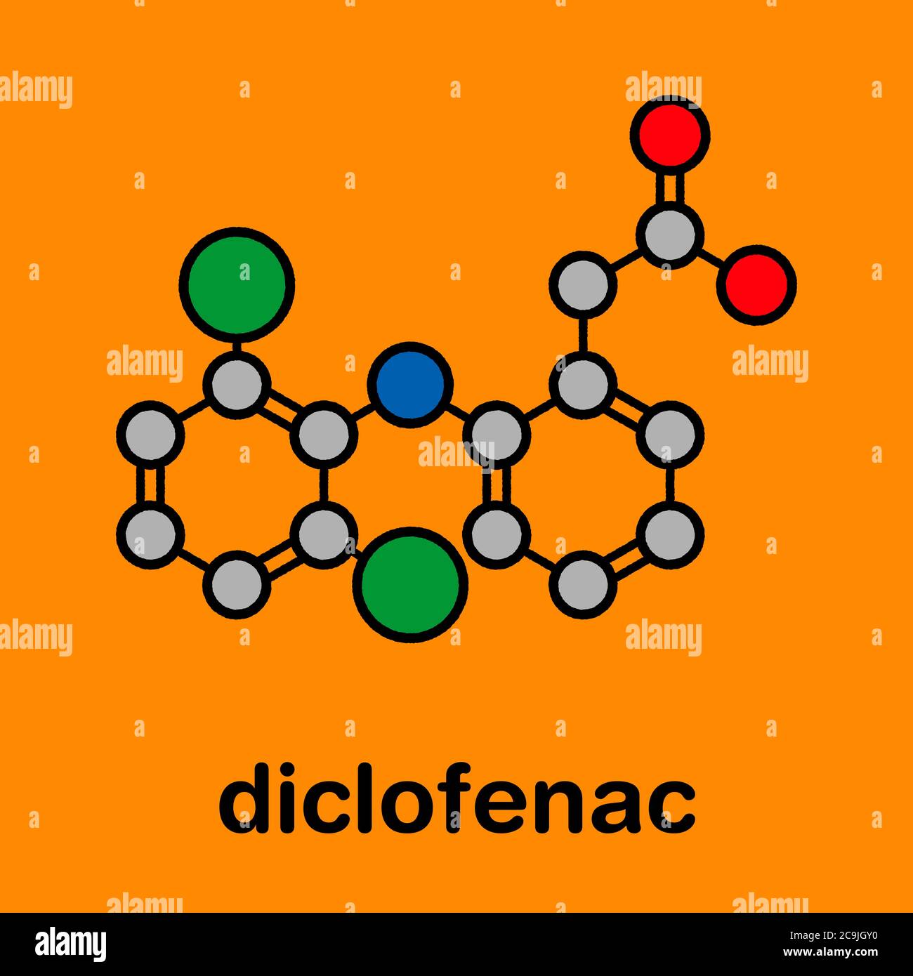 Diclofenac pain and inflammation drug (NSAID) molecule. Stylized skeletal formula (chemical structure). Atoms are shown as color-coded circles with th Stock Photo