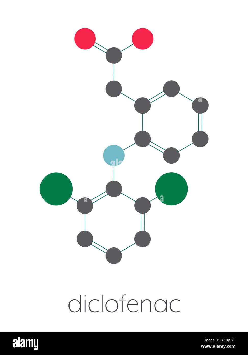 Diclofenac pain and inflammation drug (NSAID) molecule. Stylized skeletal formula (chemical structure). Atoms are shown as color-coded circles connect Stock Photo