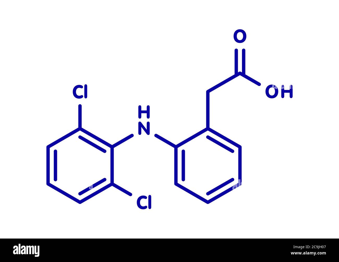 Diclofenac pain and inflammation drug (NSAID) molecule. Blue skeletal formula on white background. Stock Photo