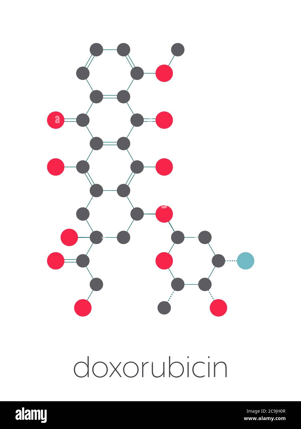 Doxorubicin cancer chemotherapy drug molecule. Stylized skeletal formula (chemical structure). Atoms are shown as color-coded circles connected by thi Stock Photo