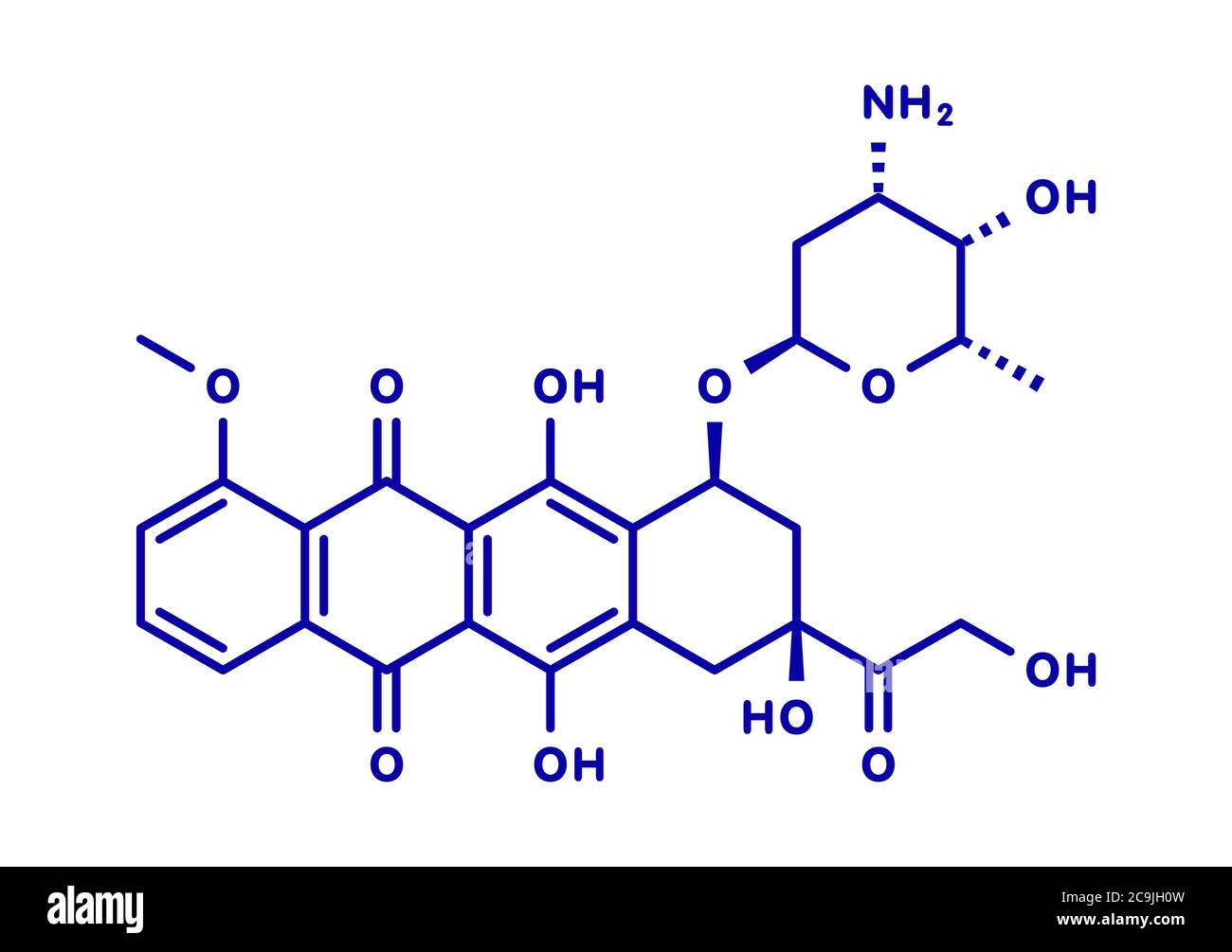 Doxorubicin cancer chemotherapy drug molecule. Blue skeletal formula on white background. Stock Photo