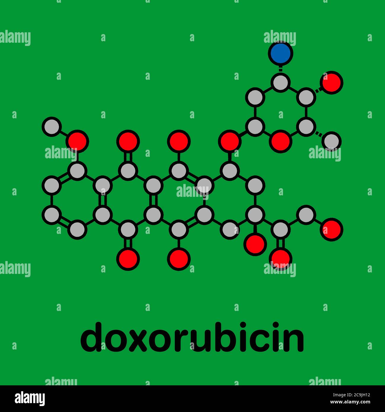 Doxorubicin cancer chemotherapy drug molecule. Stylized skeletal formula (chemical structure). Atoms are shown as color-coded circles with thick black Stock Photo