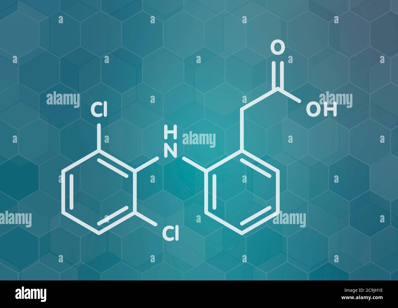 Diclofenac pain and inflammation drug (NSAID) molecule. White skeletal formula on dark teal gradient background with hexagonal pattern. Stock Photo