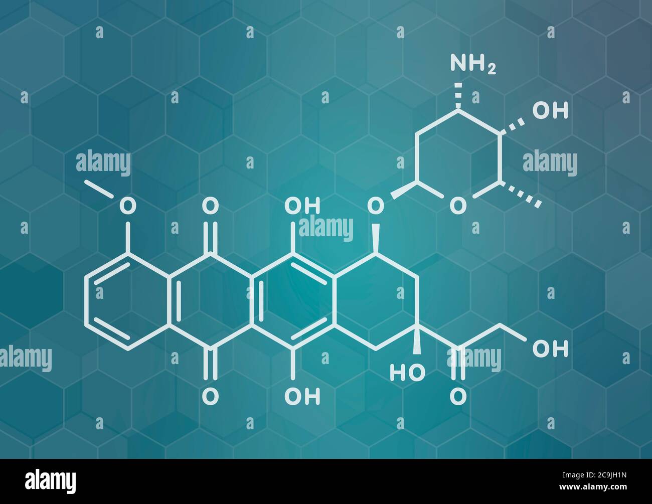 Doxorubicin cancer chemotherapy drug molecule. White skeletal formula on dark teal gradient background with hexagonal pattern. Stock Photo