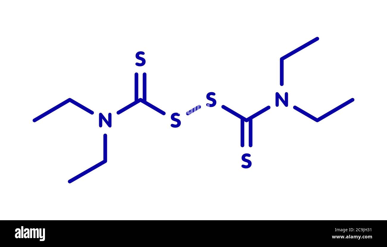 Disulfiram alcoholism treatment drug molecule. Blue skeletal formula on white background Stock