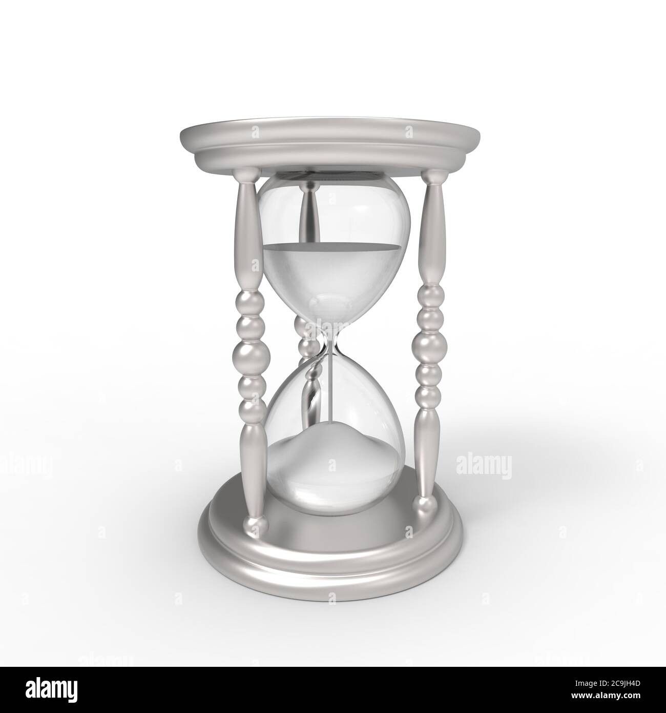 ntique egg timer hourglass with in a silver coloured frame and white sand on a white background Stock Photo
