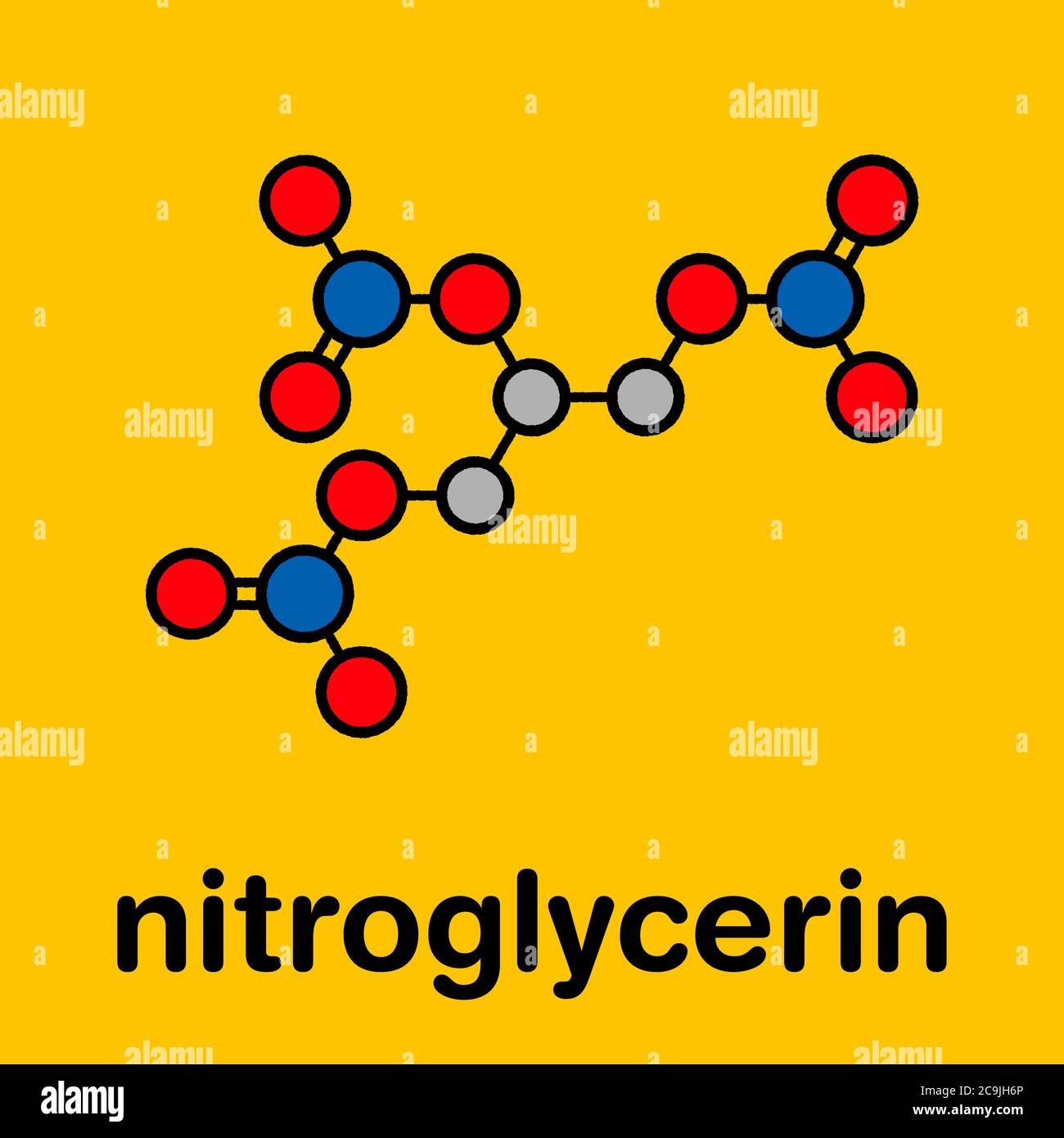 Nitroglycerin (nitro, glyceryl trinitrate) drug and explosive molecule. Stylized skeletal formula (chemical structure). Atoms are shown as color-coded Stock Photo
