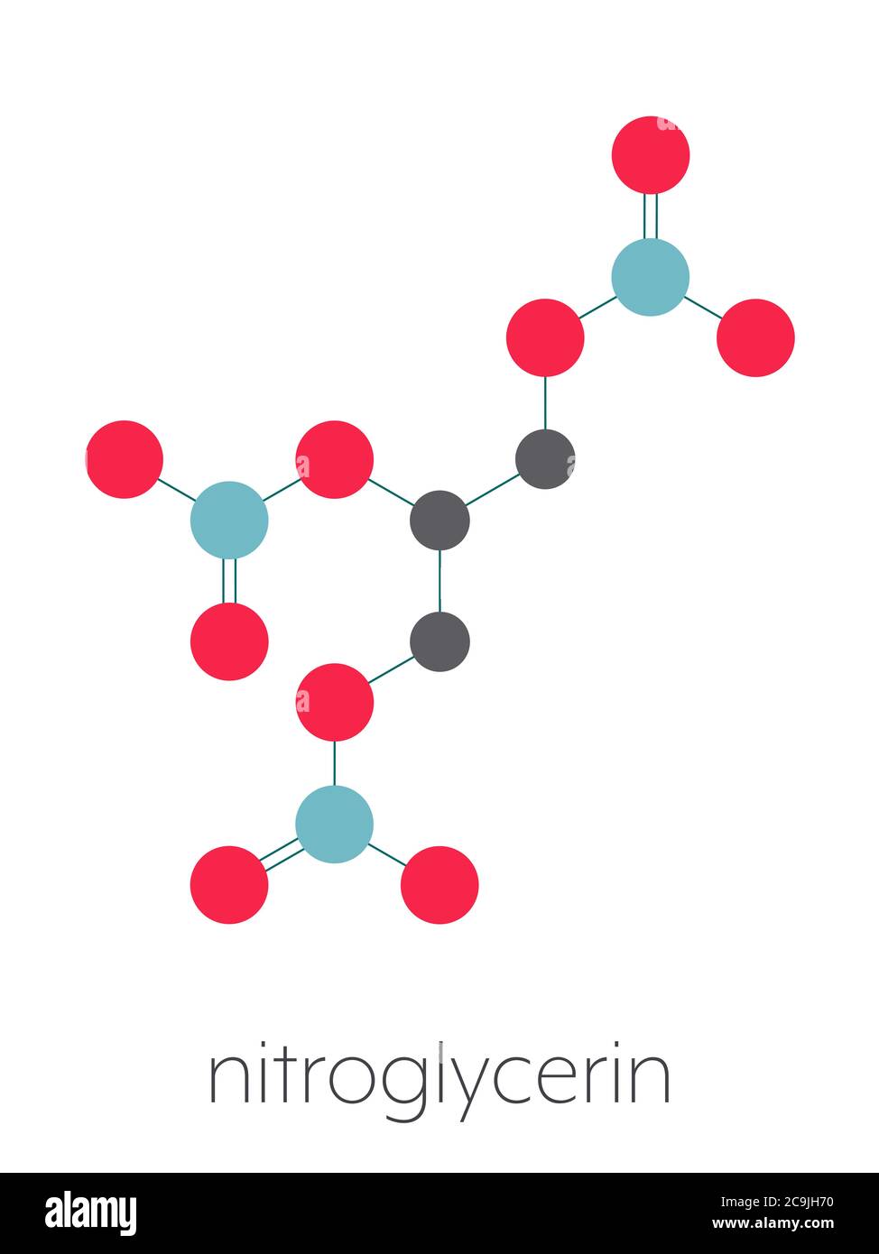 Nitroglycerin (nitro, glyceryl trinitrate) drug and explosive molecule. Stylized skeletal formula (chemical structure). Atoms are shown as color-coded Stock Photo