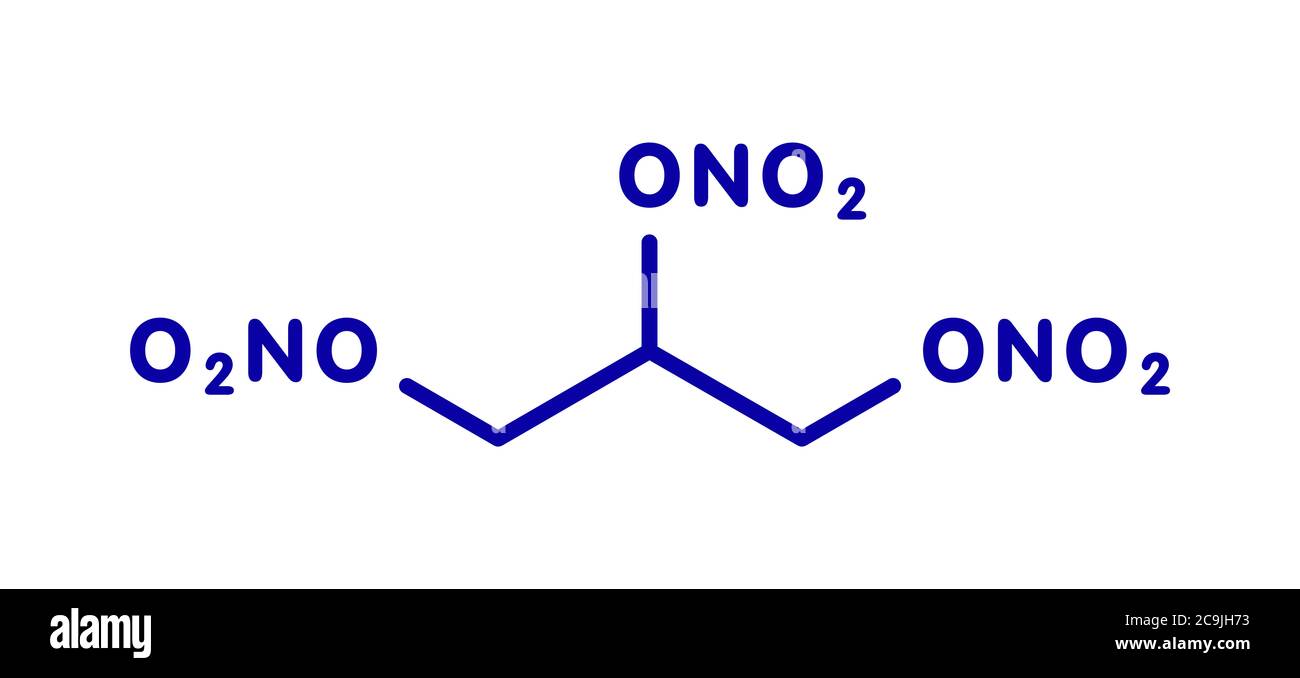 Nitroglycerin (nitro, glyceryl trinitrate) drug and explosive molecule. Blue skeletal formula on white background. Stock Photo