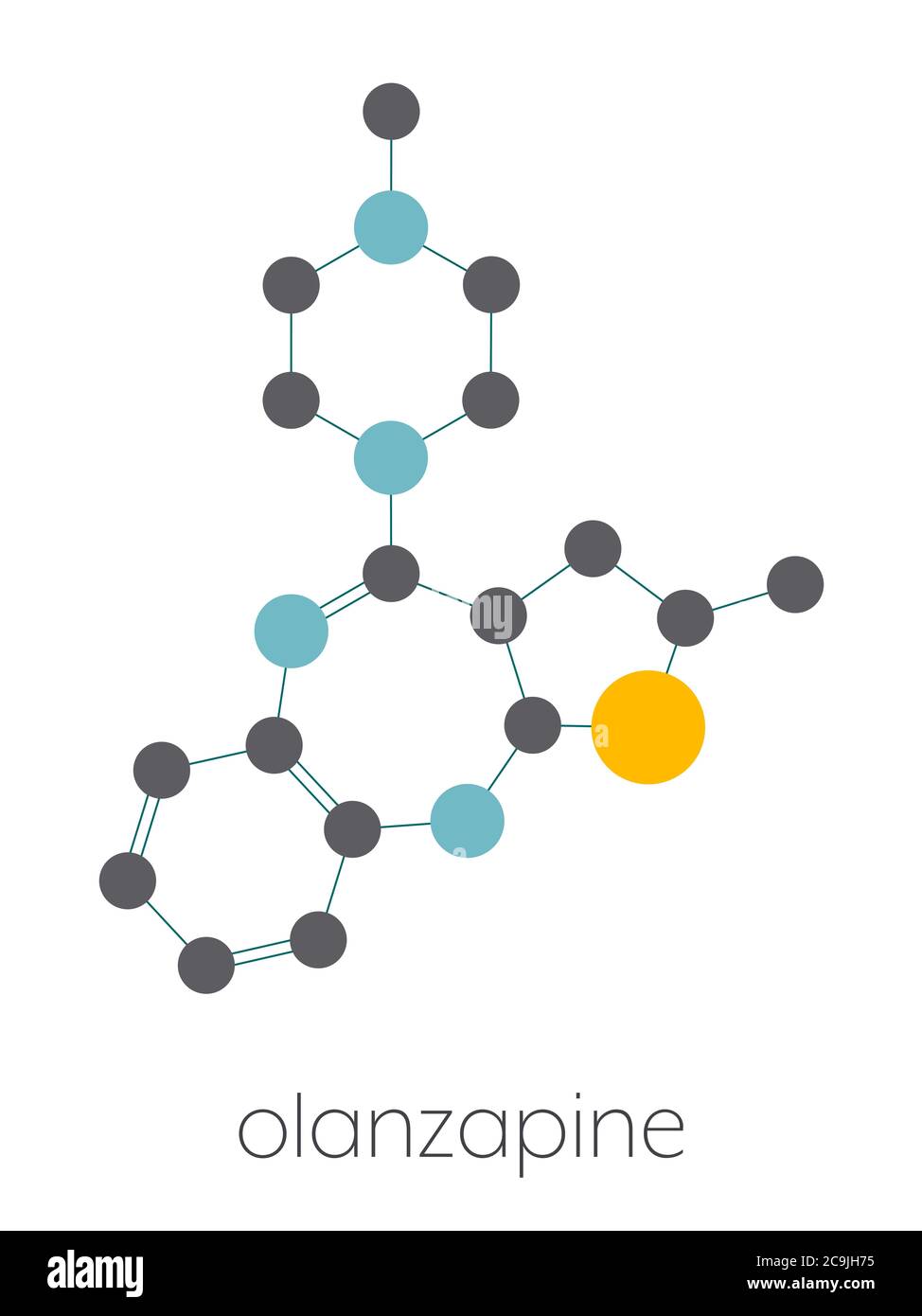 Olanzapine antipsychotic drug molecule. Stylized skeletal formula