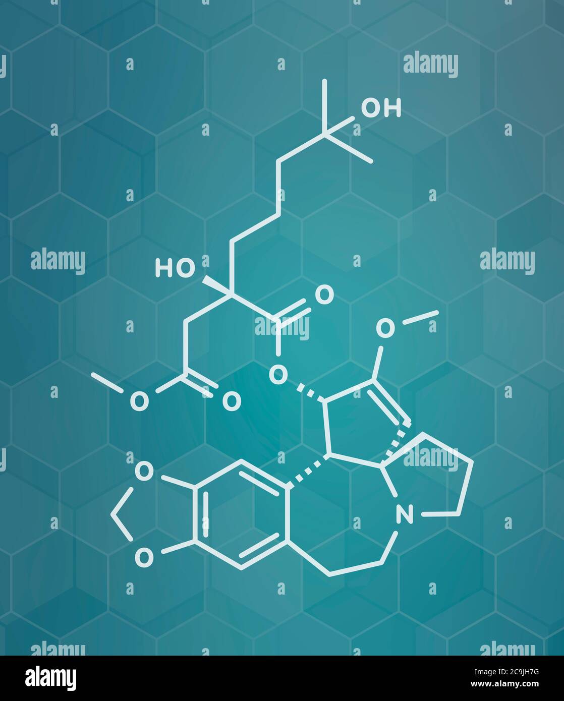 Omacetaxine mepesuccinate cancer drug molecule. Used in treatment of chronic myelogenous leukemia (CML). White skeletal formula on dark teal gradient Stock Photo