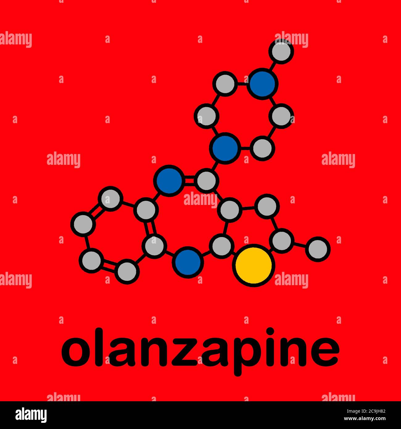 Olanzapine antipsychotic drug molecule. Stylized skeletal formula