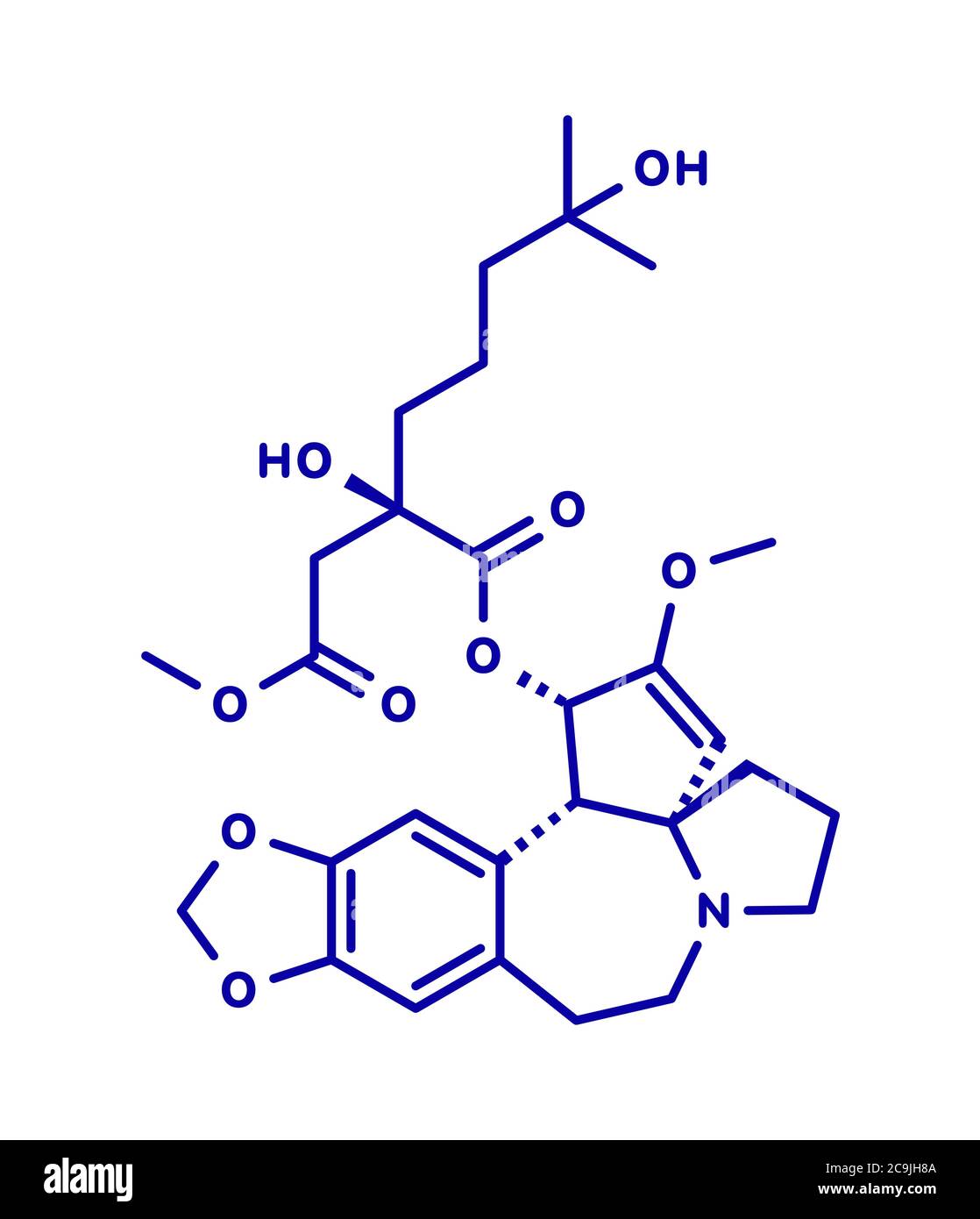 Omacetaxine mepesuccinate cancer drug molecule. Used in treatment of chronic myelogenous leukemia (CML). Blue skeletal formula on white background. Stock Photo