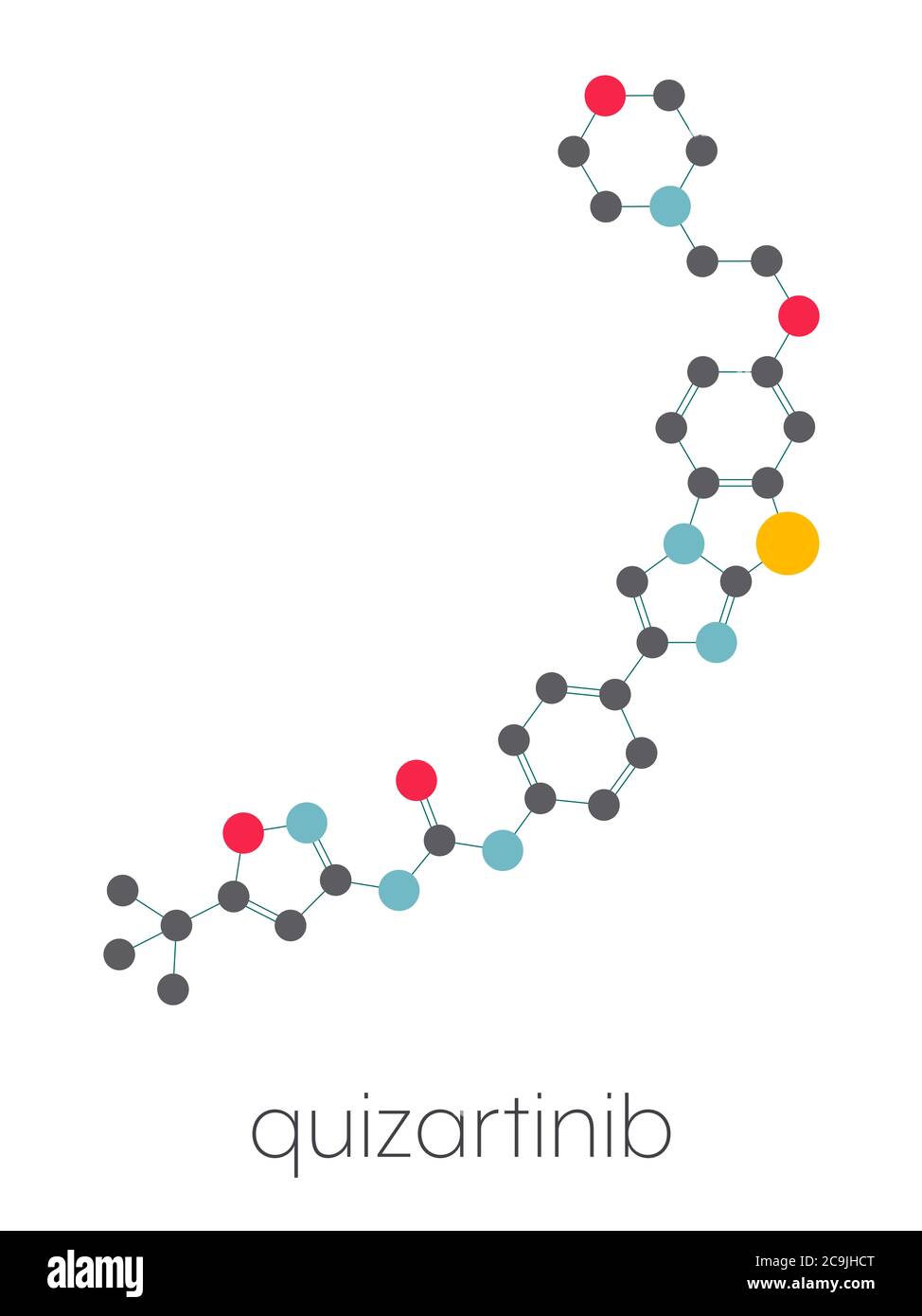 Quizartinib cancer drug molecule (kinase inhibitor). Stylized skeletal formula (chemical structure): Atoms are shown as color-coded circles connected Stock Photo