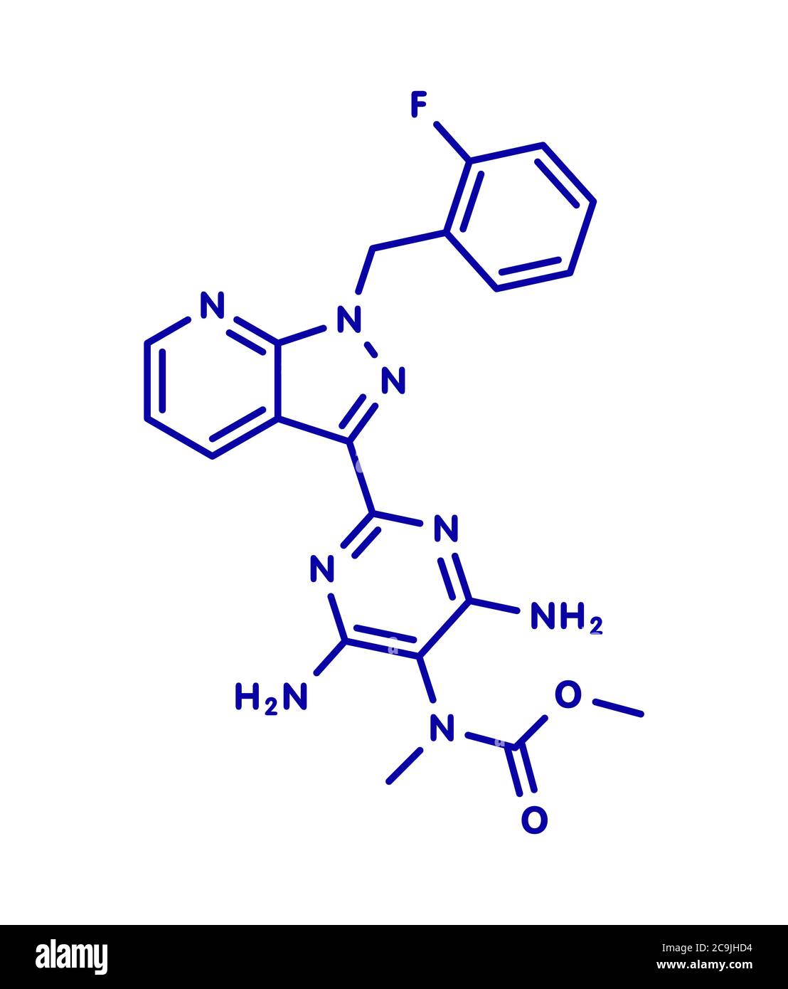 Riociguat pulmonary hypertension (PH) drug molecule. Stimulator of soluble guanylate cyclase (sGC). Blue skeletal formula on white background. Stock Photo