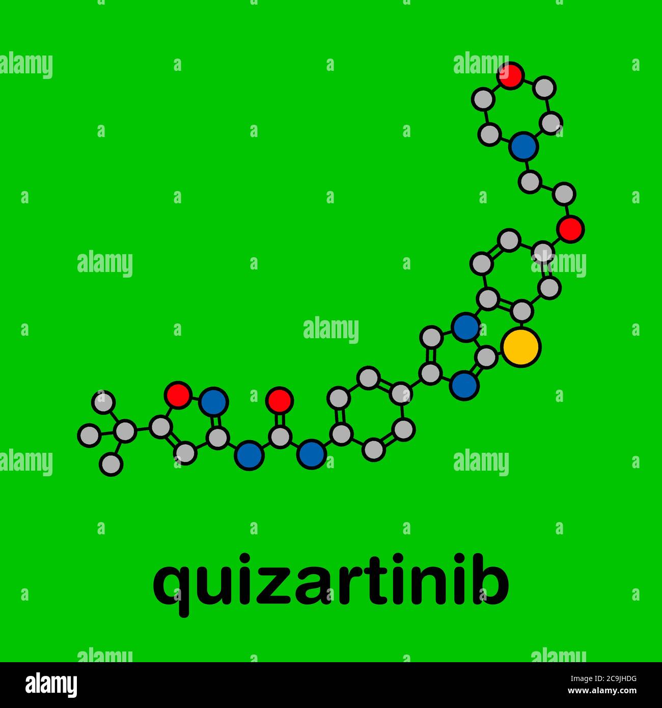 Quizartinib cancer drug molecule (kinase inhibitor). Stylized skeletal formula (chemical structure): Atoms are shown as color-coded circles with thick Stock Photo