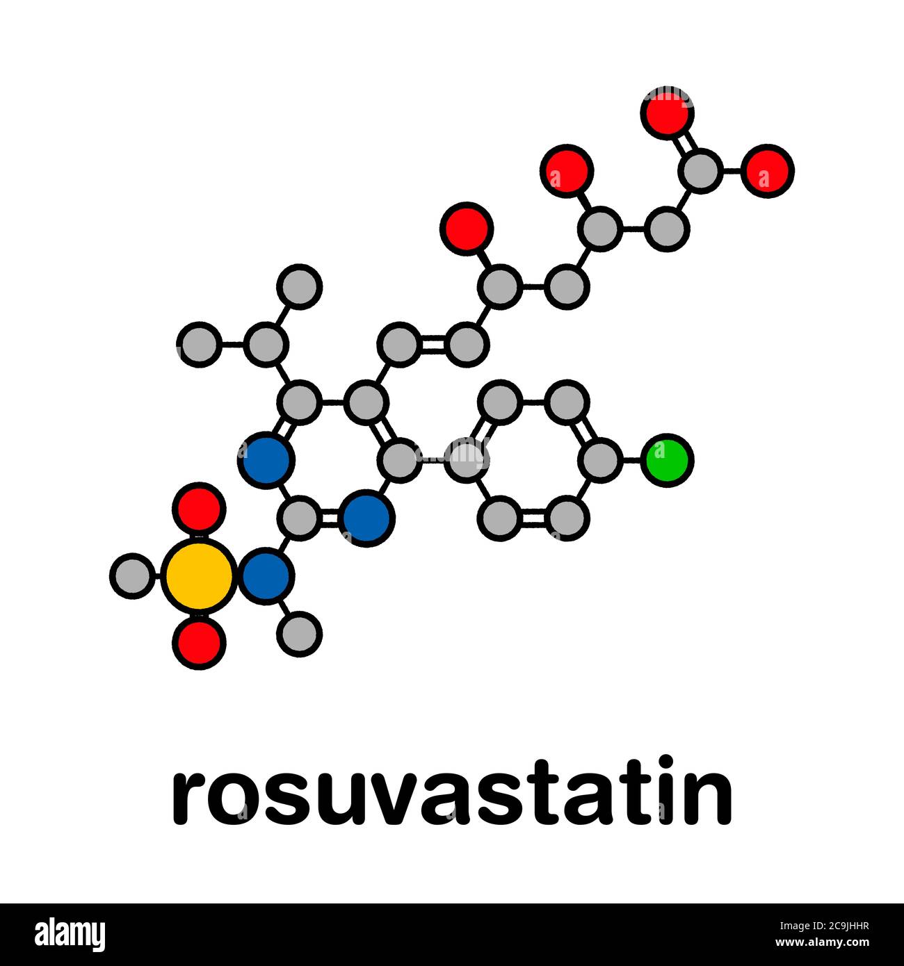 Rosuvastatin cholesterol lowering drug (statin class) molecule. Stylized skeletal formula (chemical structure). Atoms are shown as color-coded circles Stock Photo