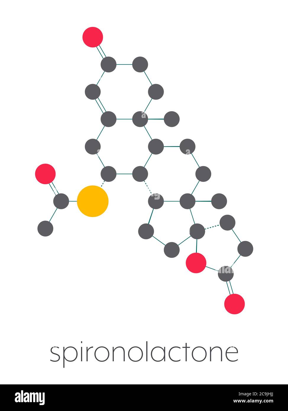 Spironolactone diuretic, antihypertensive and antiandrogen drug molecule. Stylized skeletal