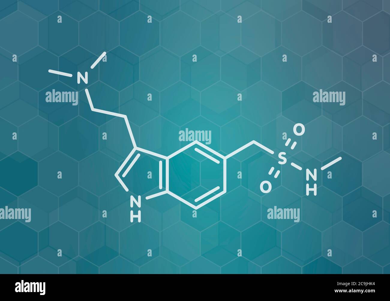 Sumatriptan migraine headache drug (triptan class) molecule. White skeletal formula on dark teal gradient background with hexagonal pattern. Stock Photo