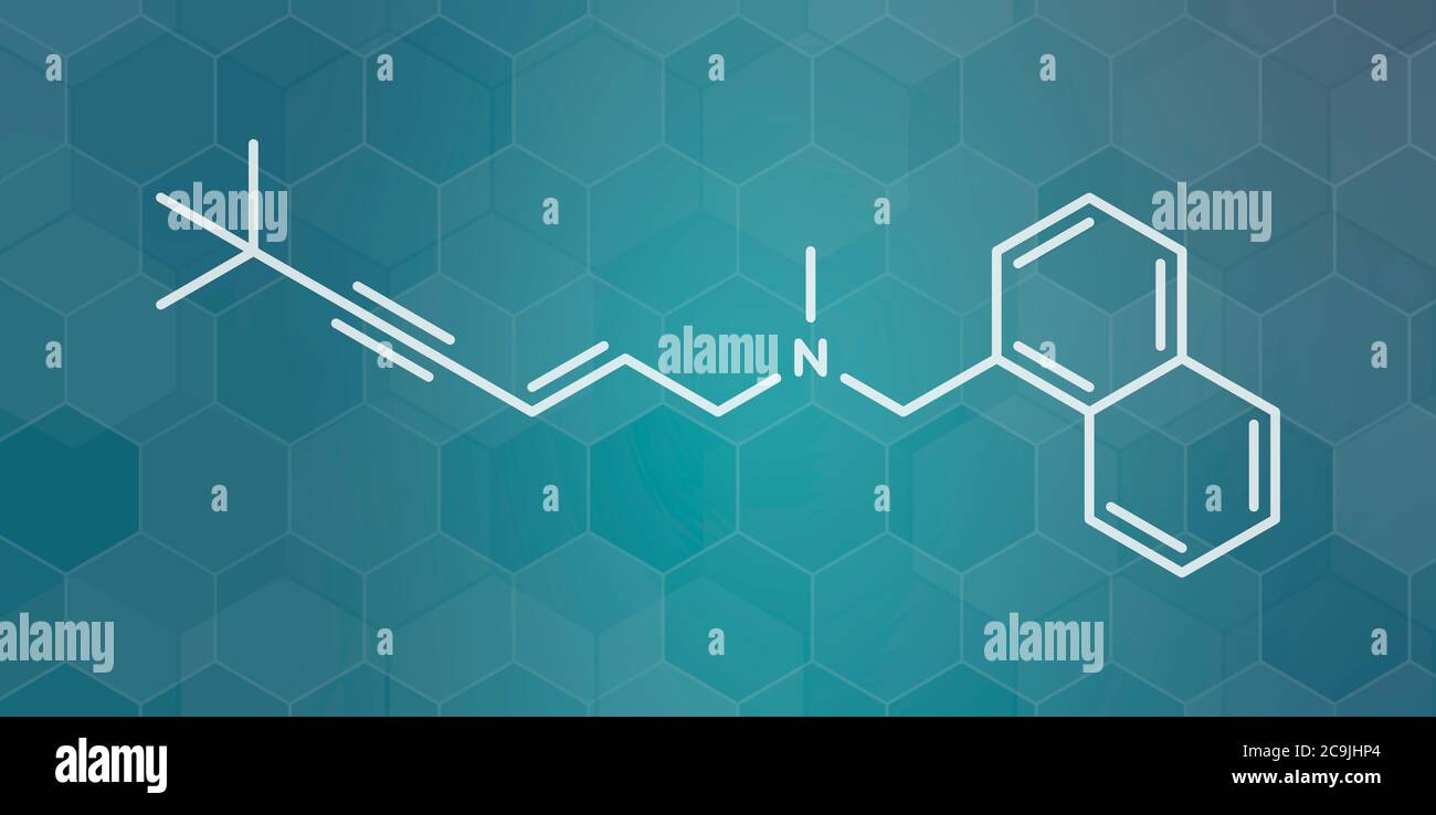 Terbinafine antifungal drug molecule. White skeletal formula on dark teal gradient background with hexagonal pattern. Stock Photo