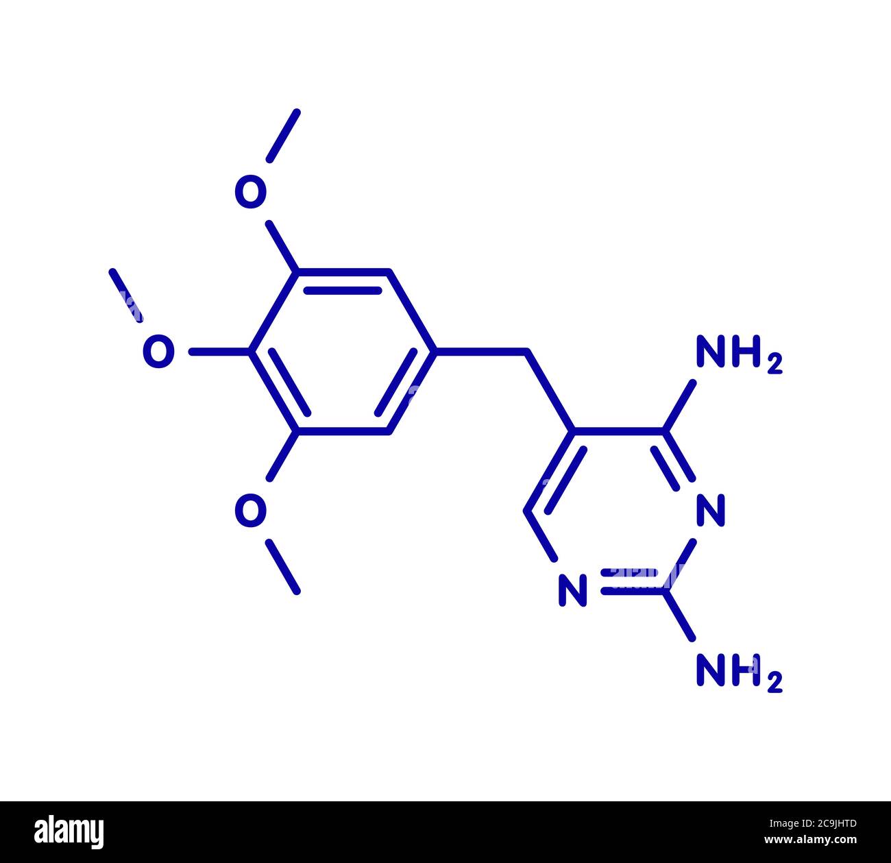 Trimethoprim antibiotic drug molecule. Blue skeletal formula on white