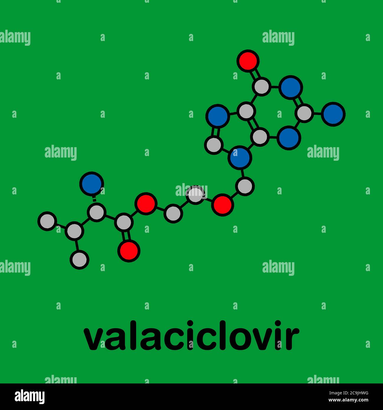 Valaciclovir (valacyclovir) herpes infection drug molecule. Stylized skeletal formula (chemical