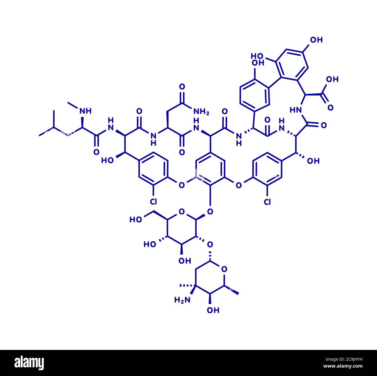 Vancomycin antibiotic drug (glycopeptide class) molecule. Blue skeletal formula on white background. Stock Photo