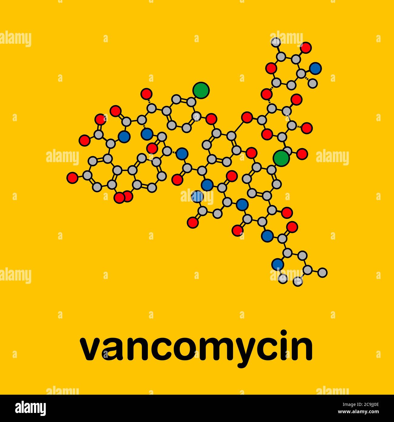 Vancomycin antibiotic drug (glycopeptide class) molecule. Stylized skeletal formula (chemical structure). Atoms are shown as color-coded circles with Stock Photo