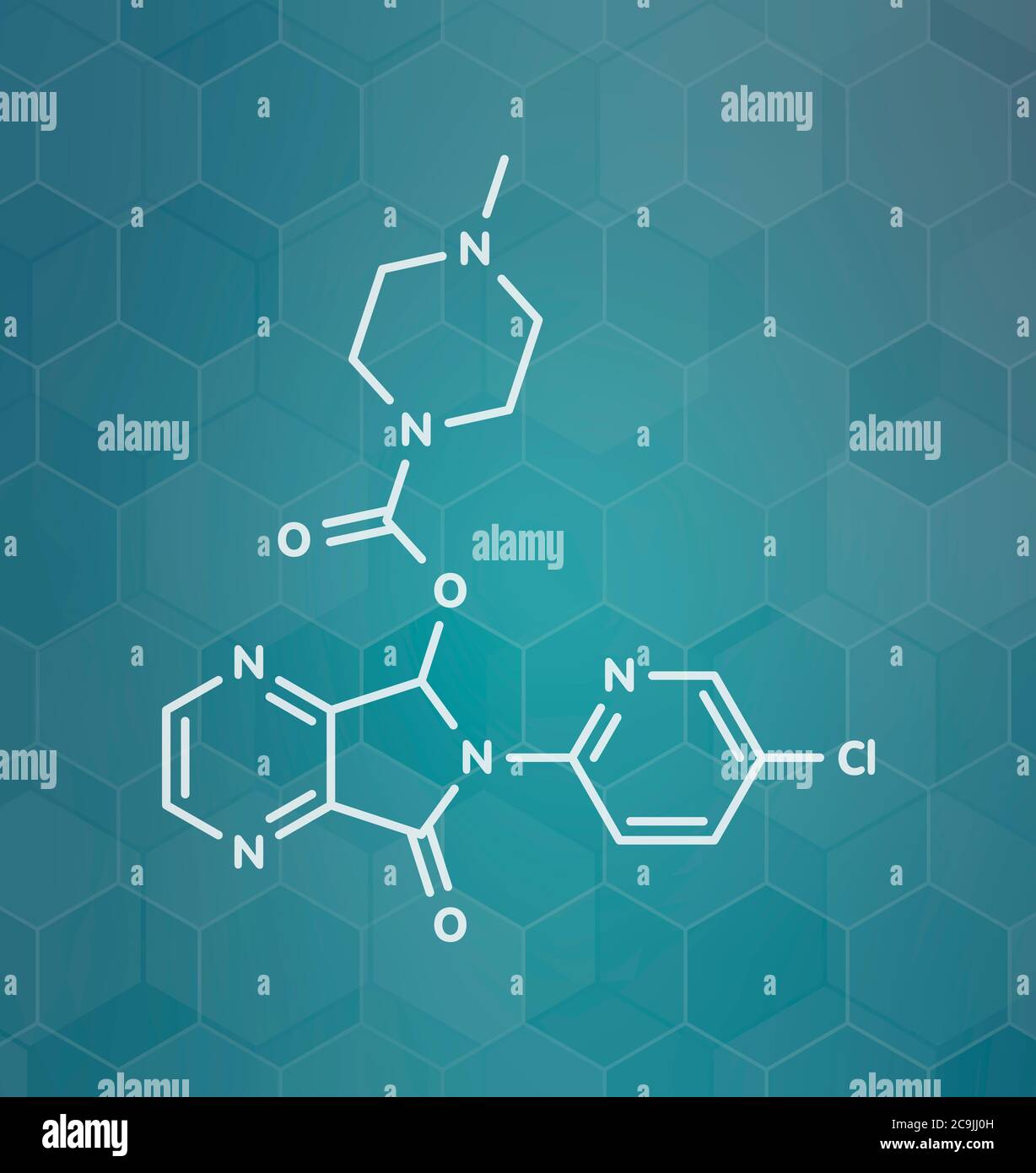 Zopiclone insomnia drug (sleeping pill, zdrug) molecule. White skeletal formula on dark teal
