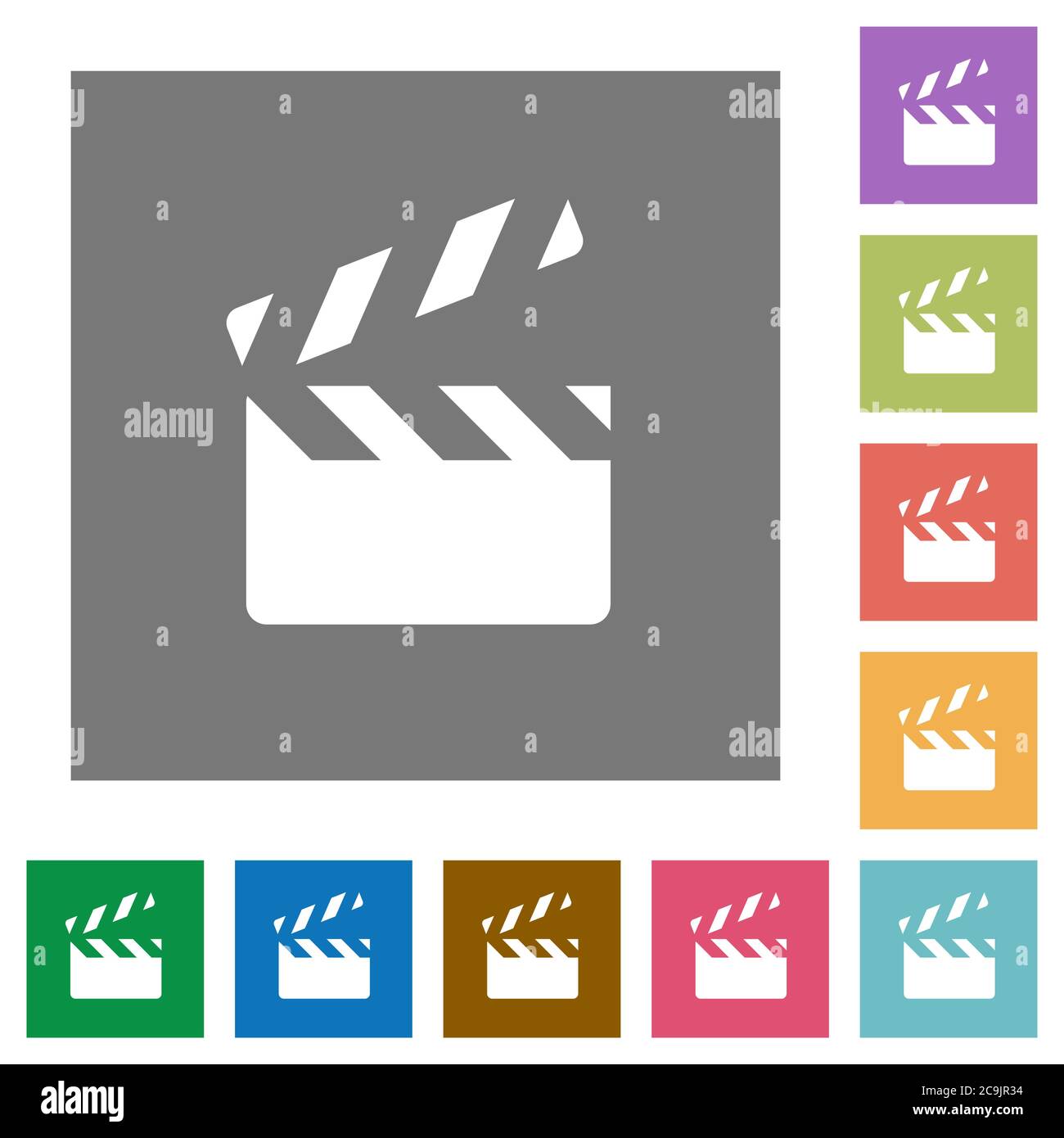 Clapperboard flat icons on simple color square backgrounds Stock Vector
